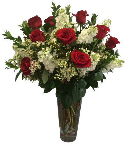 1 Dozen Rosaprima Red Roses with Stock, Waxflower and Ruscus