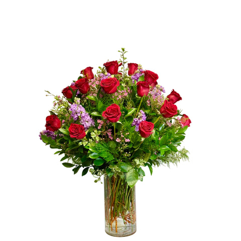 2 Dozen Red Primavera Roses with Stock, Wax and Ruscus