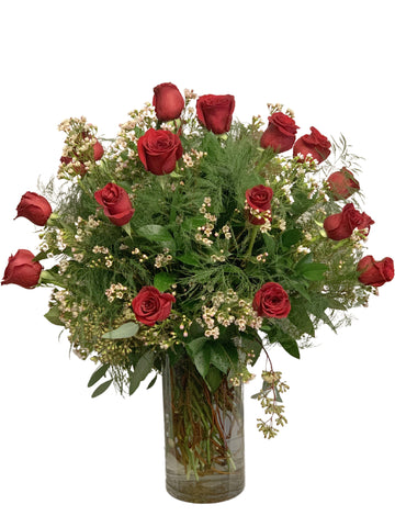 2 Dozen Long Stem Red Primavera Roses with Waxflower and Ruscus